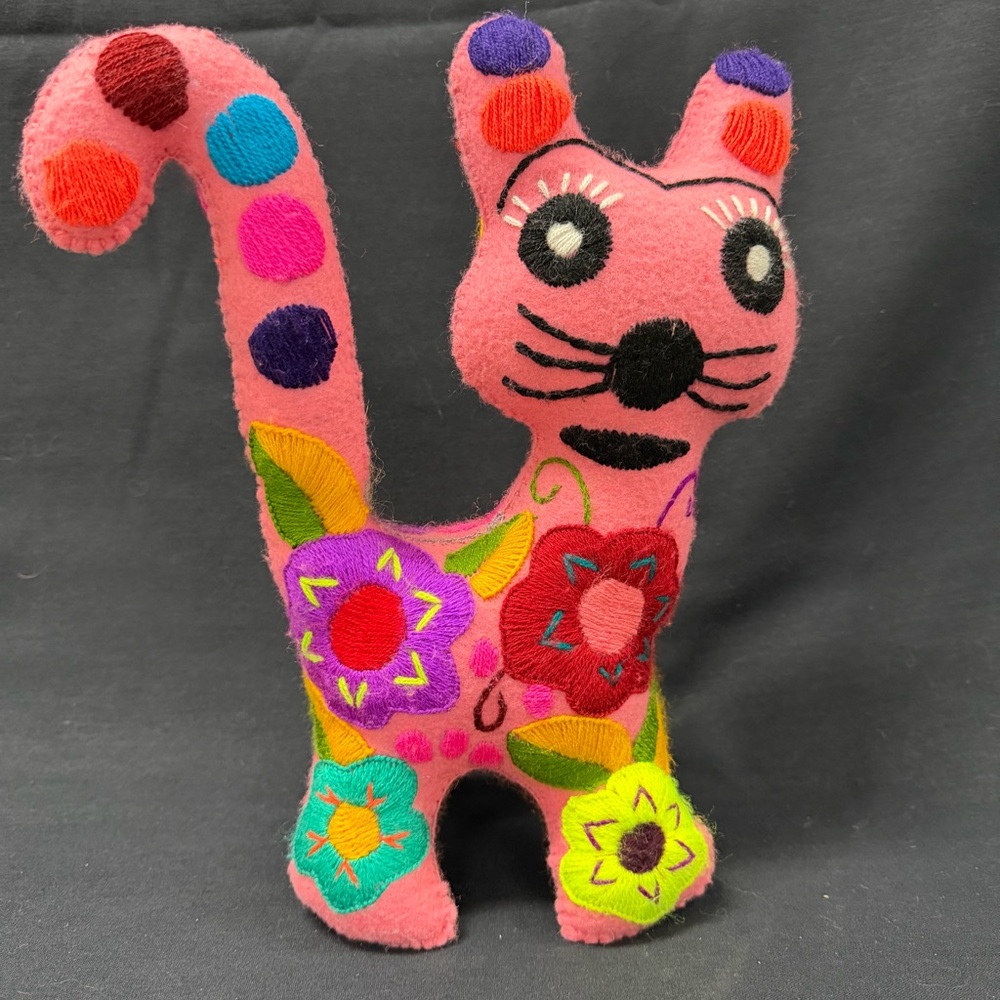 Handmade Pink Embroidered Cat - Puerto Vallarta